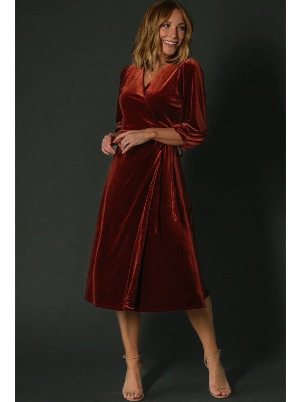 Baltic Born Beckinsale Midi Velvet Wrap Dress Cinnamon Rust Orange Medium Party - Picture 4 of 16